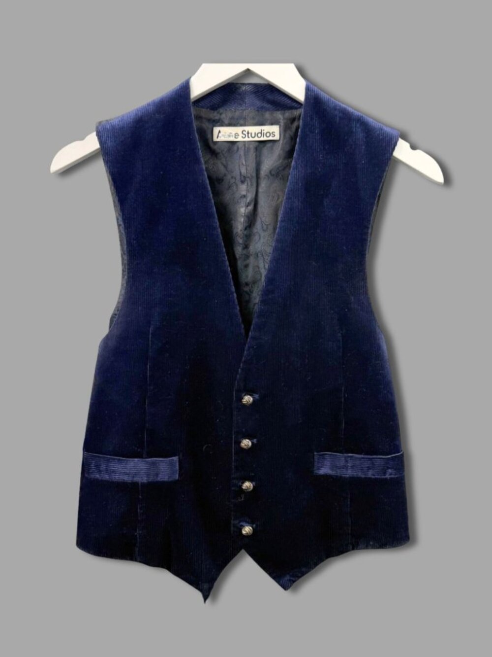 ACNE STUDIOS AW19 Dark Blue Cotton Blend Corduroy Paisley Back Waistcoat Vest S
